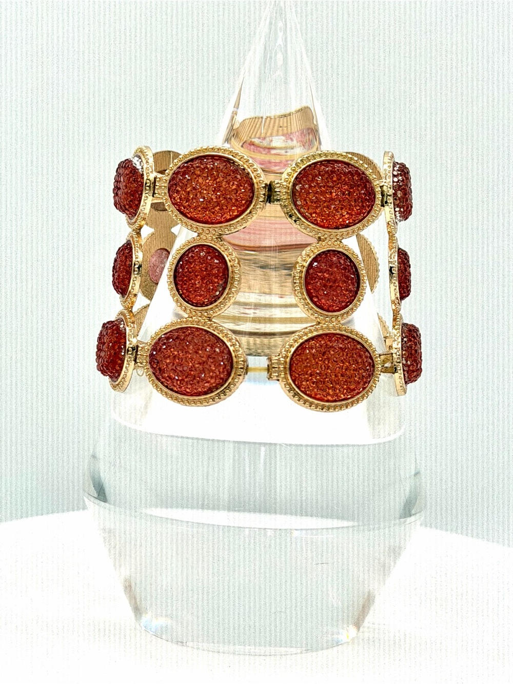 Triple Row Gold & Canyon Red Sparkly Faux Druzy Woman’s Bold Bracelet Jewelry